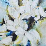 Original abstract painting that done by the Canadian artist Mona and colours of blue beige, white gold and dark green in a square orientation 40 x 40”