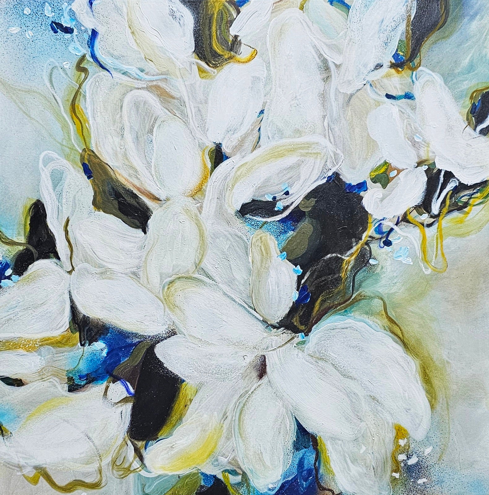 Original abstract painting that done by the Canadian artist Mona and colours of blue beige, white gold and dark green in a square orientation 40 x 40”