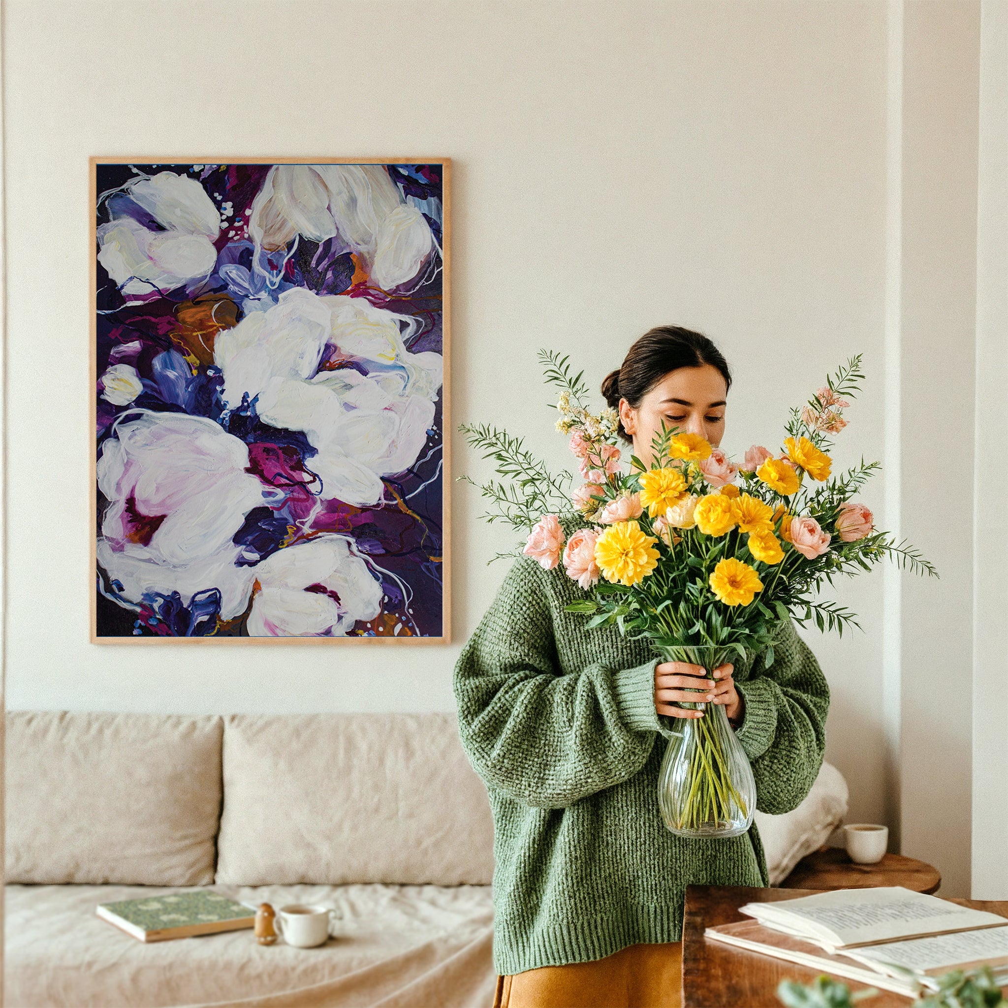 High quality printed and framed original artwork done by the Canadian artist Mona in the colours of purple magenta hints of orange and white on the wall