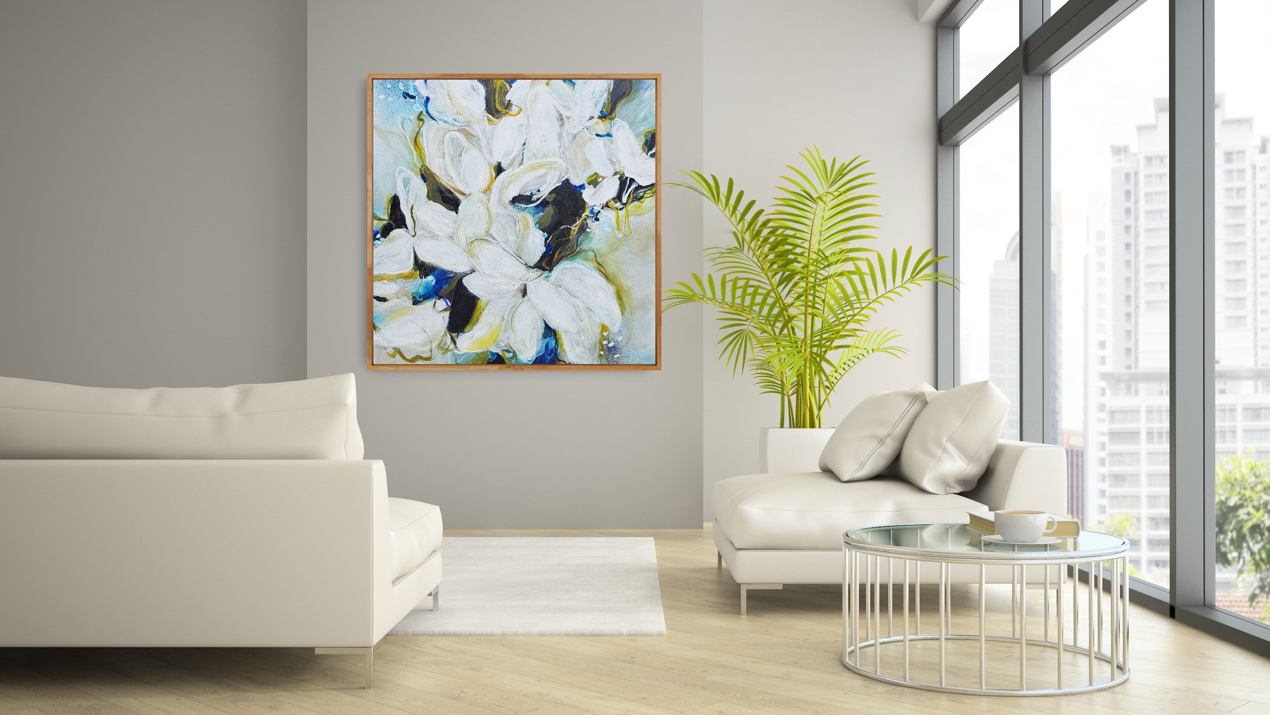 Abstract botanical artwork on a wall framed in oak in the living room. The artwork is done by the Canadian artist Mona Atelier