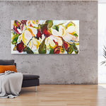 A large landscape orientation of a botanical floral, colorful, original artwork of Mona on a wall. The colours of the paintings are beige, creams, oranges, burgundy, and yellows.