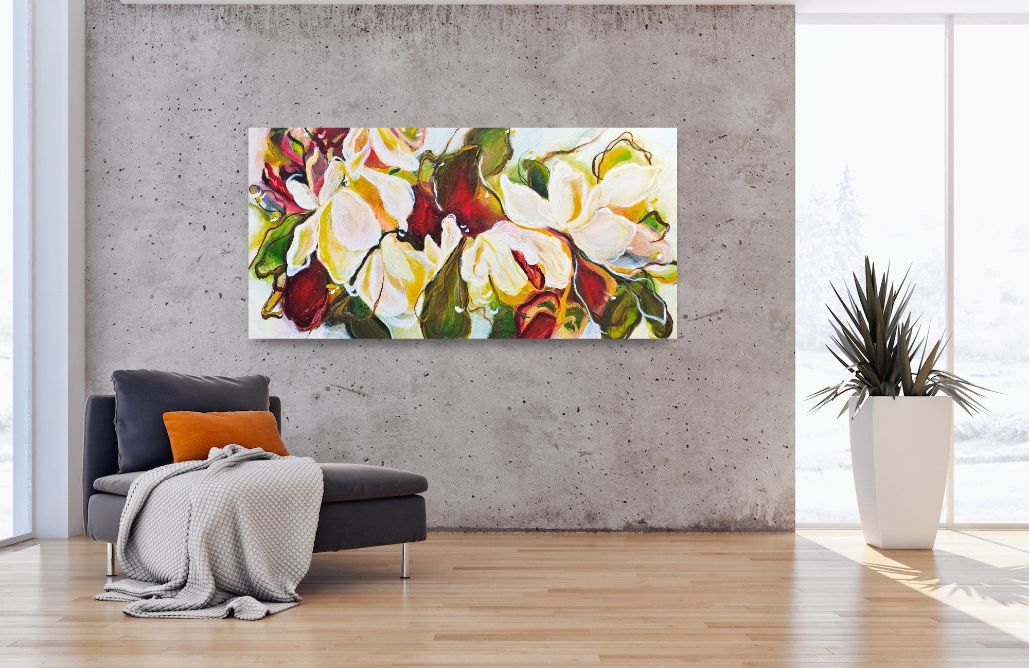 A large landscape orientation of a botanical floral, colorful, original artwork of Mona on a wall. The colours of the paintings are beige, creams, oranges, burgundy, and yellows.