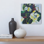 A small original painting done by the artist, Mona in greens, burgundy, beige, and yellows