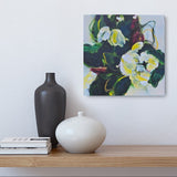 A small original painting done by the artist, Mona in greens, burgundy, beige, and yellows