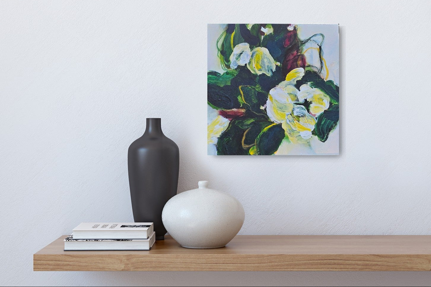 A small original painting done by the artist, Mona in greens, burgundy, beige, and yellows