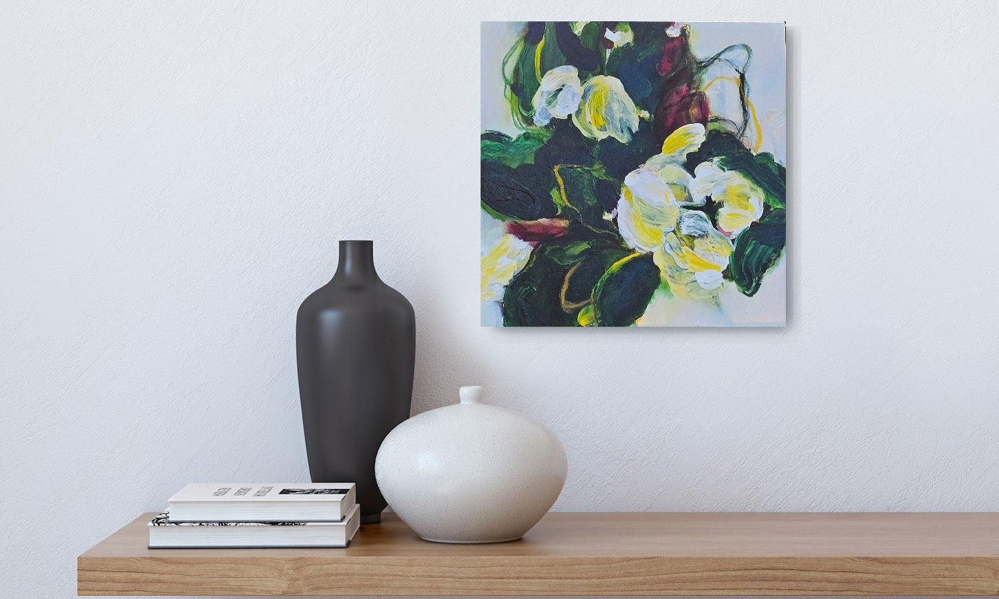 A small original painting done by the artist, Mona in greens, burgundy, beige, and yellows