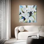 Botanical floral original painting by artist Mona on the wall the colours of the paintings are blues, creams greens and gold