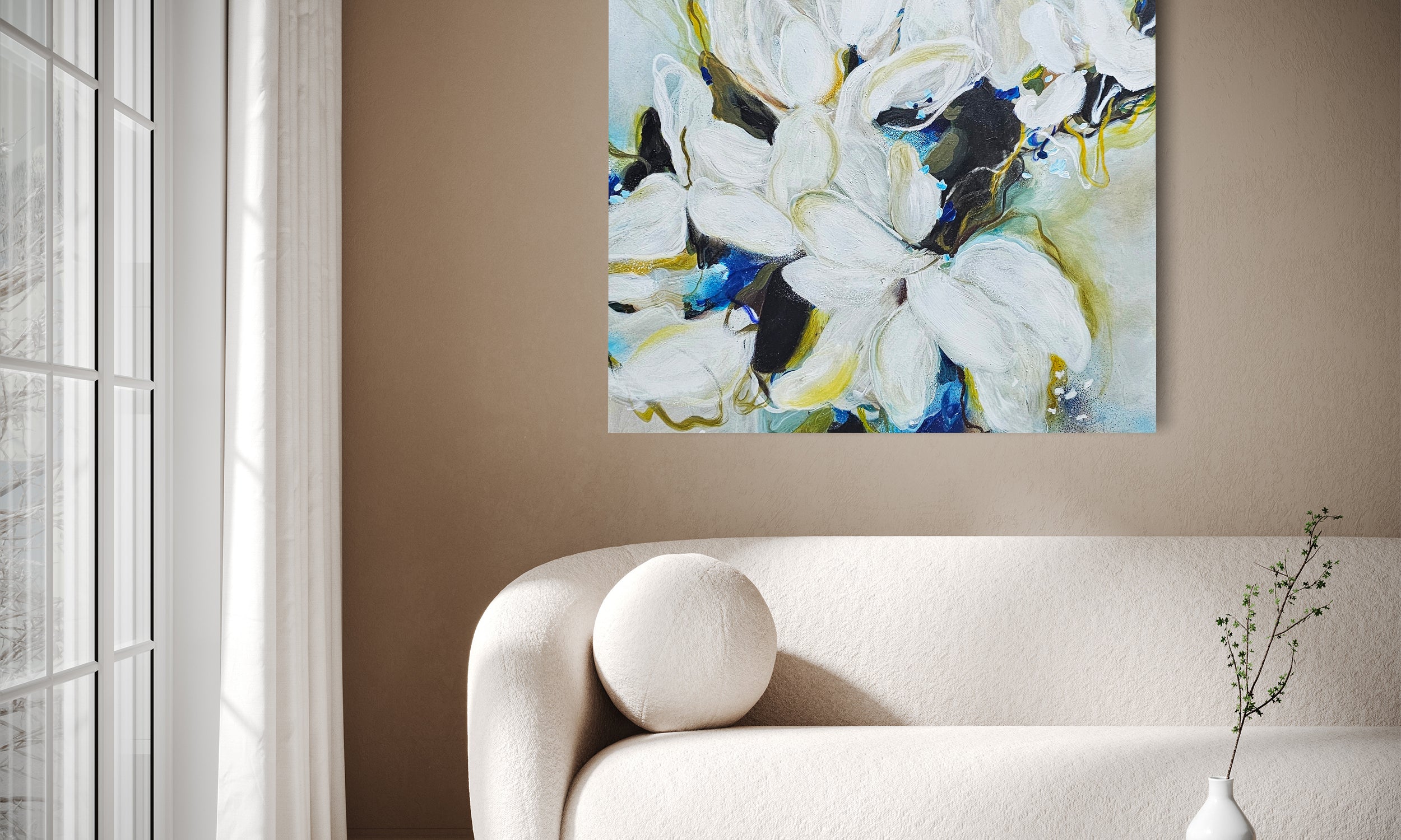 Botanical floral original painting by artist Mona on the wall the colours of the paintings are blues, creams greens and gold