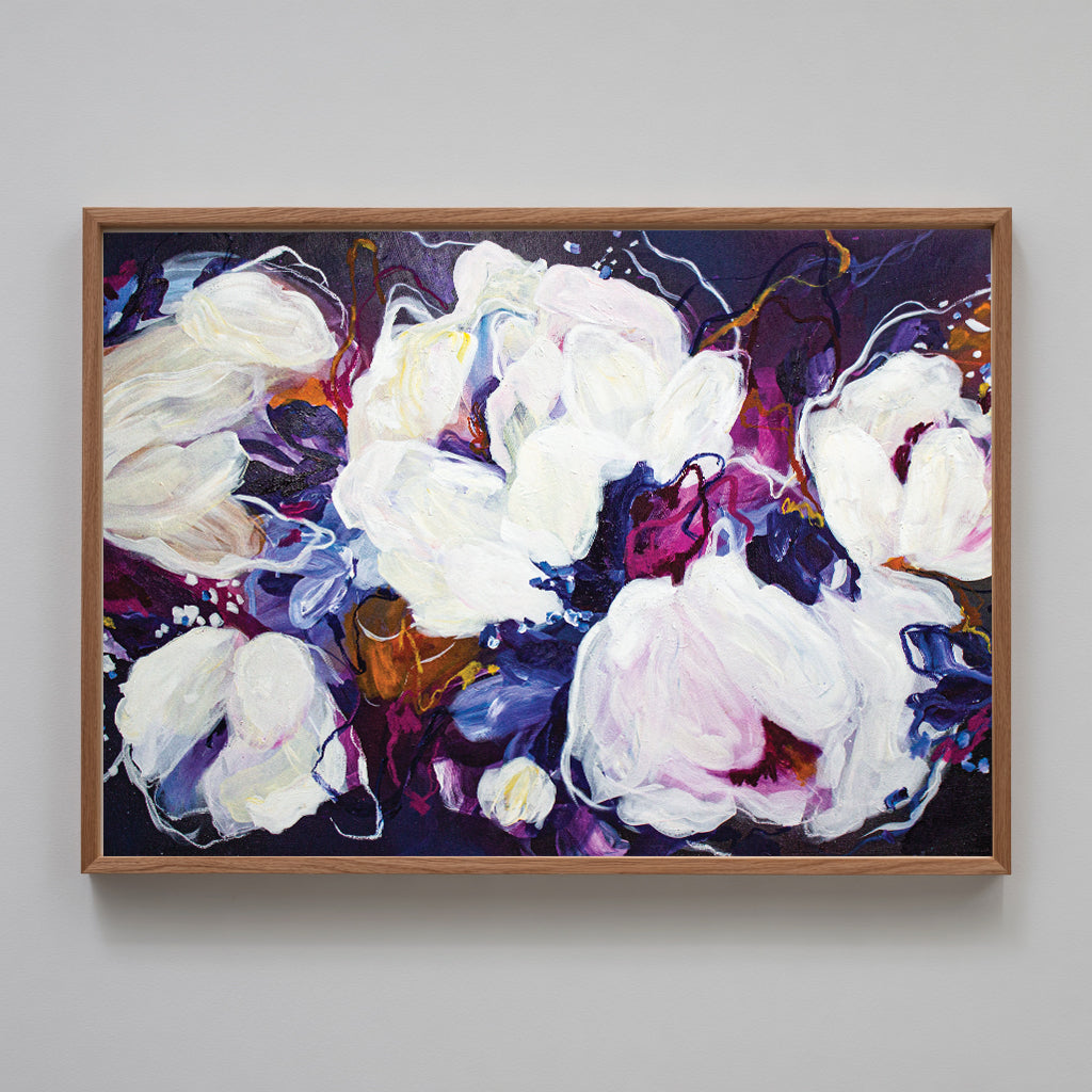 Framed artwork of Canadian artist, Mona, the artwork is a abstract, botanical painting done in the colours of purple, blues, violet, pink, white, and hint of orange