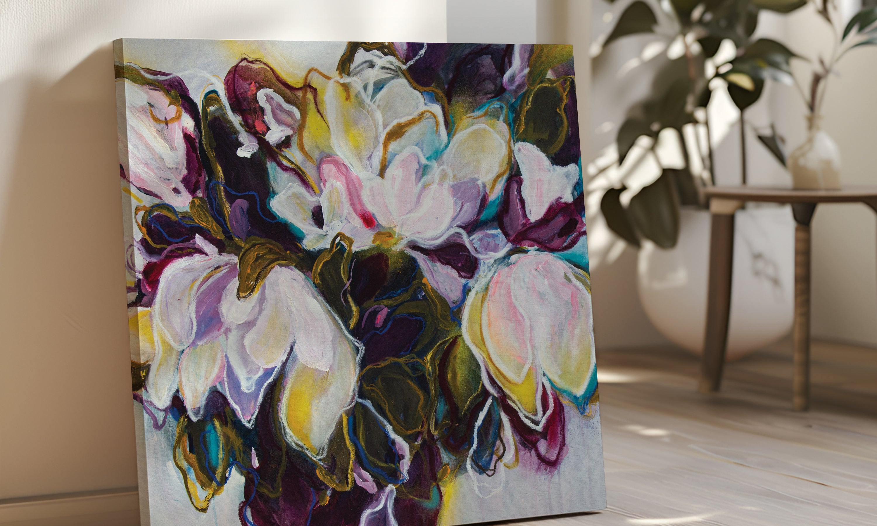 High quality reproduction of Mona Atelier original artwork on a canvas on the floor