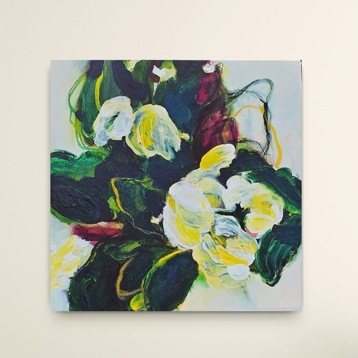 Abstract painting of flowers with green, yellow, and white colors on a light background