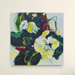 Abstract painting of flowers with green, yellow, and white colors on a light background
