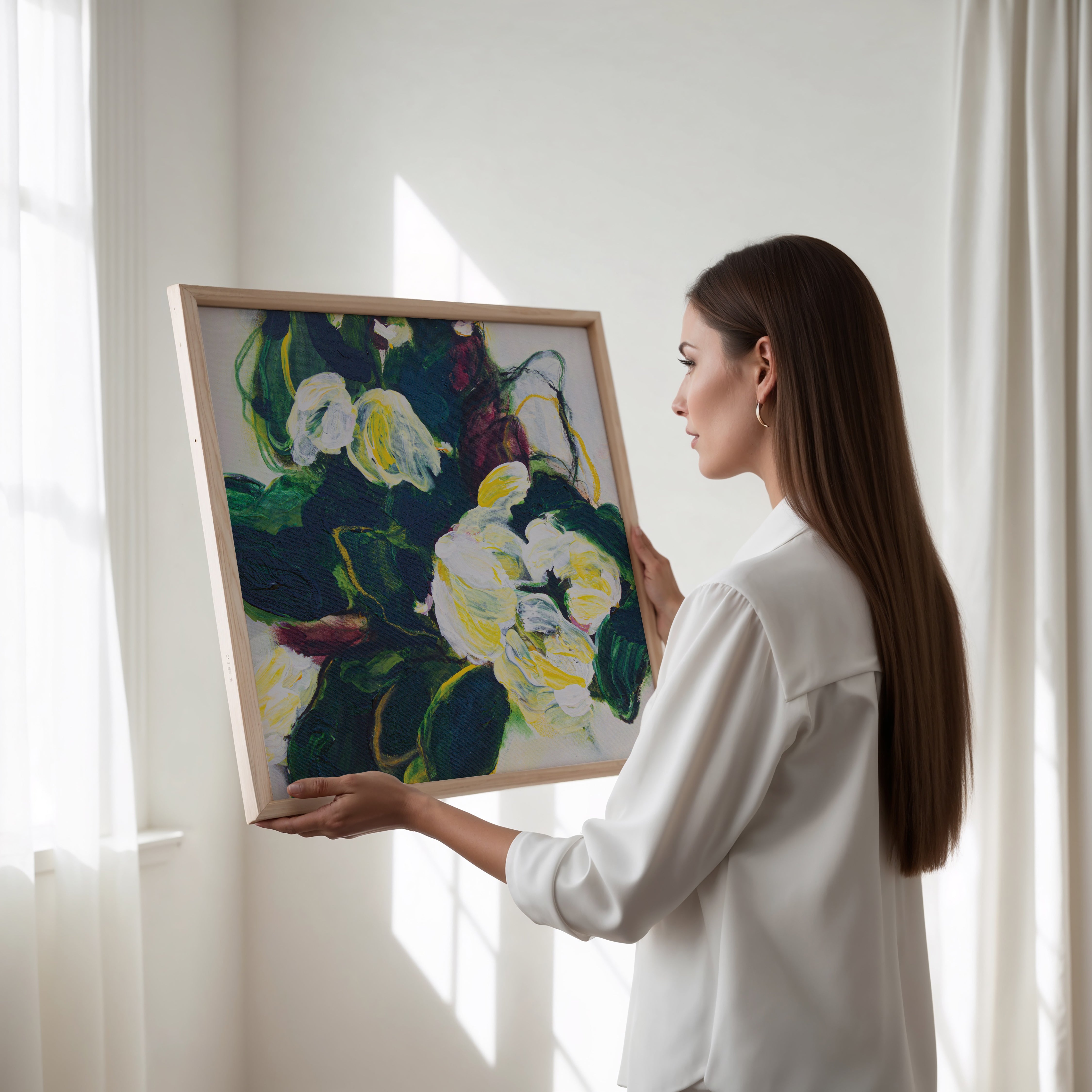 Woman and a white shirt holding a square framed print of Mona original artwork in the colours of green yellow burgundy and white