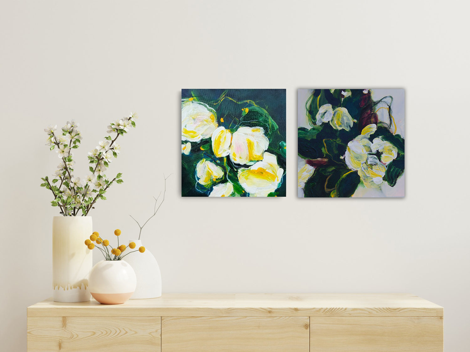 two small original painting of floral abstract on a wall painted by Mona Atelier