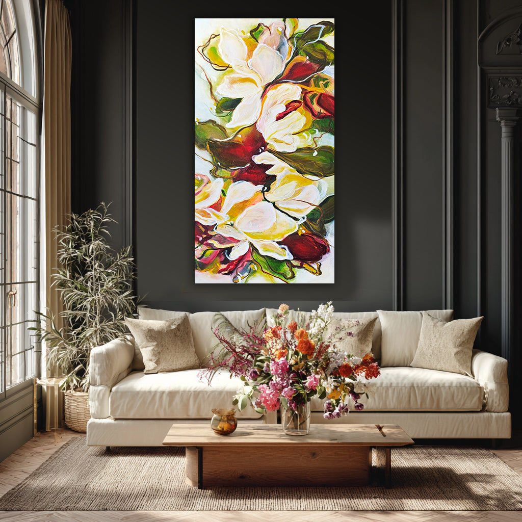 ￼ Large, vertical abstract, botanical art by Canadian artist Mona in the colours of cream, beige, yellow, green burgundy and whites