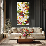 ￼ Large, vertical abstract, botanical art by Canadian artist Mona in the colours of cream, beige, yellow, green burgundy and whites