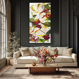 ￼ Large, vertical abstract, botanical art by Canadian artist Mona in the colours of cream, beige, yellow, green burgundy and whites