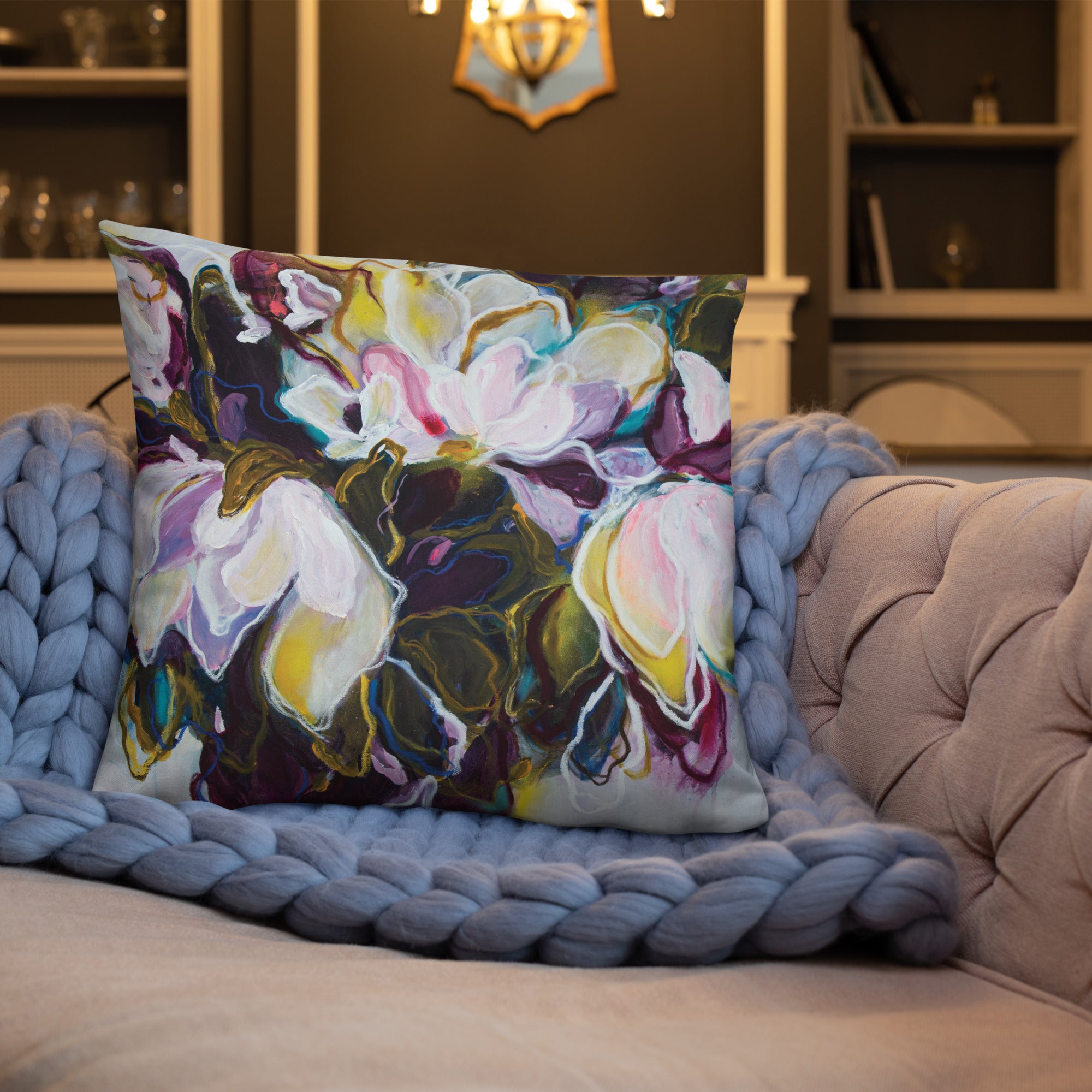 Product mockup of a premium pillow, decorative pillow printed with Mona Atelier original artwork