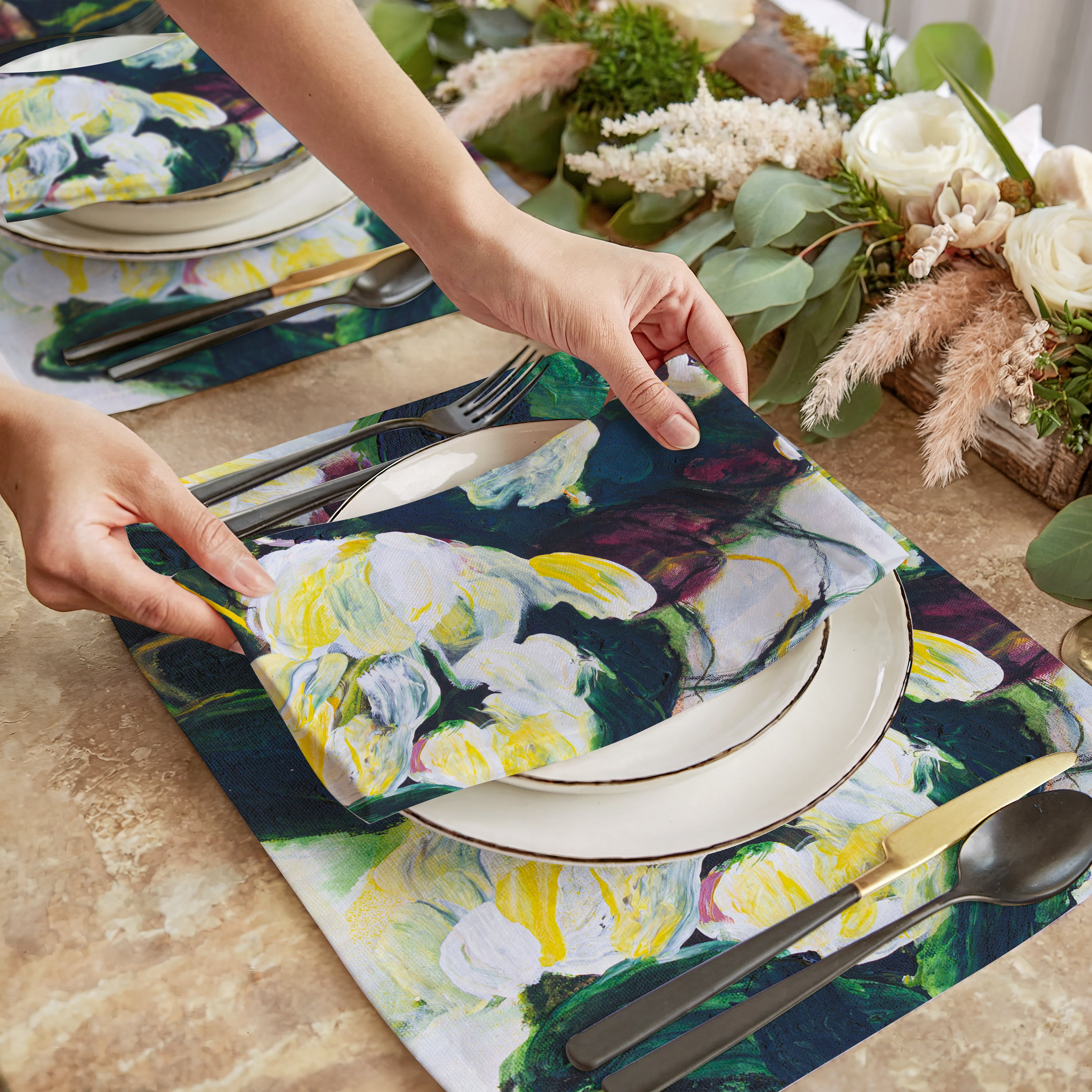 Floral abstract napkins on a plate on a table