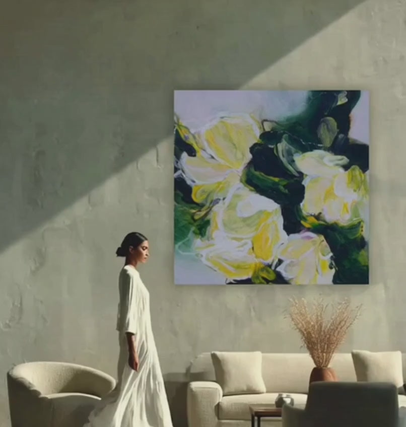 A video of a woman walking by a large canvas print of Mona Atelier original painting