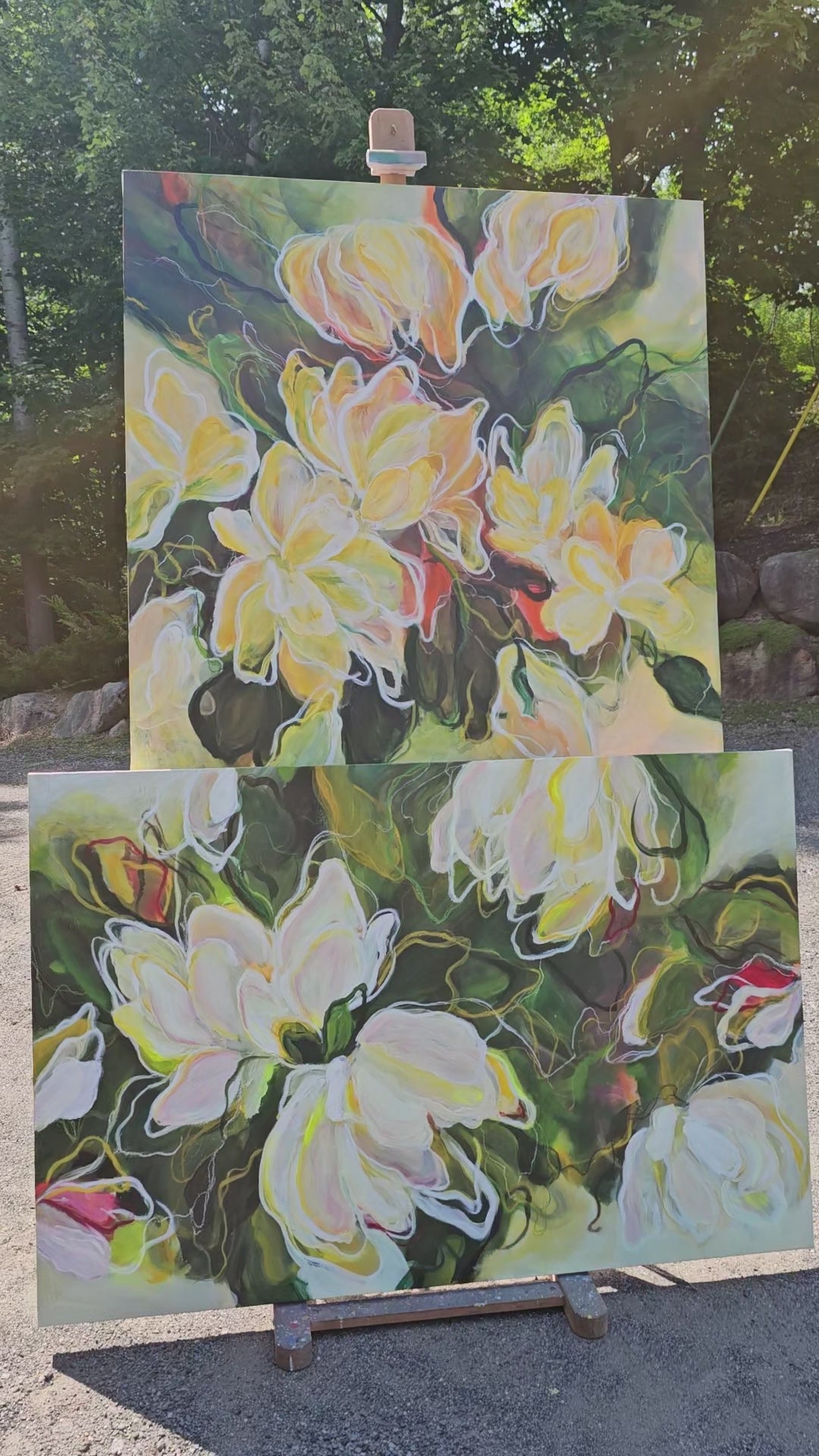 A video of two large paintings done by the Canadian artist Mona the paintings are floral abstract, mainly in greens, yellows light, pinks, and white