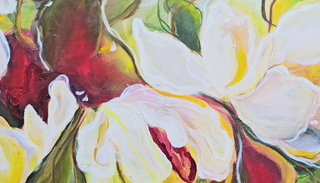 A close-up video of a original painting of Canadian artist, Mona to showcase the details, textures and the layers